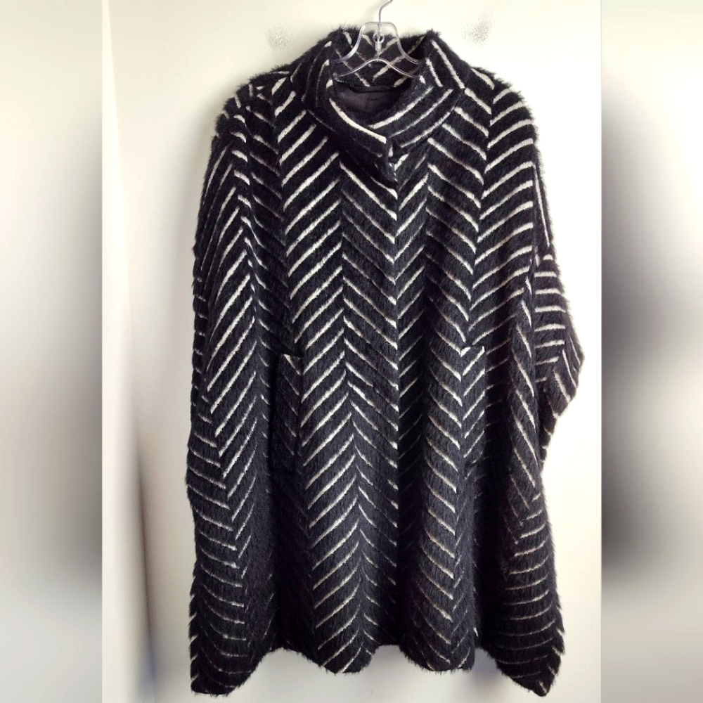 NEW Marina Rinaldi fuzzy coat textured print wool blend cape black alpaca